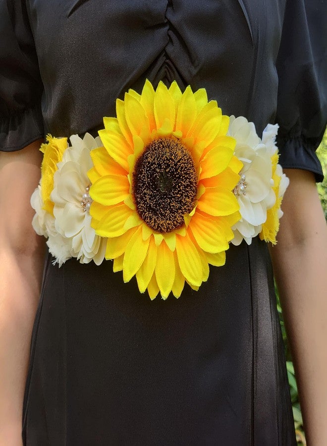 Oyabridal Sunflower Babyshower Sash for Gender Reveal Maternity Sash Belts Flower Pregnancy Belly Sash Belts Boy or Girl (Beige) - Image 3